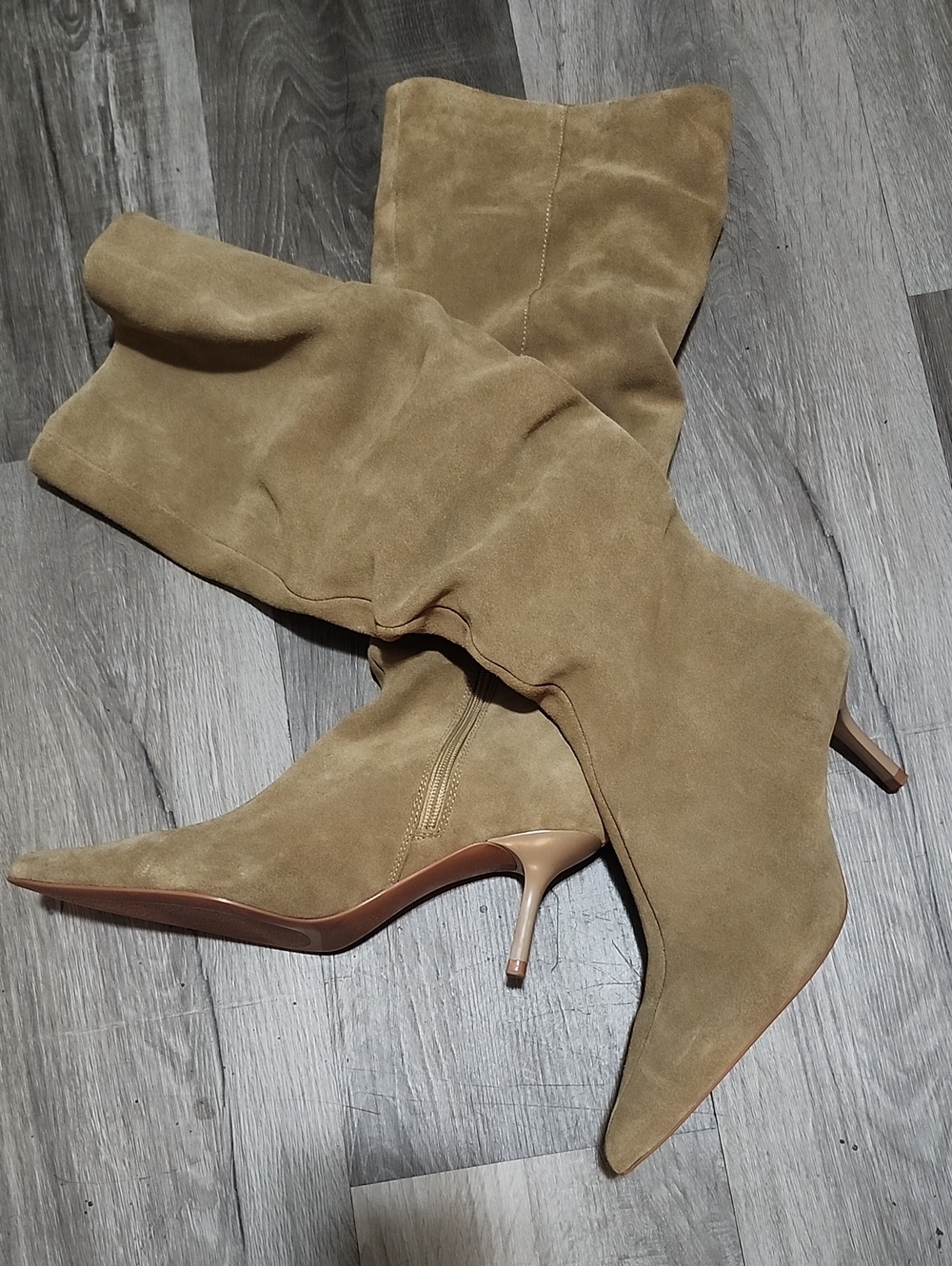 ZARA Tan Suede Pointed-Toe Mid-Calf Heeled Boots